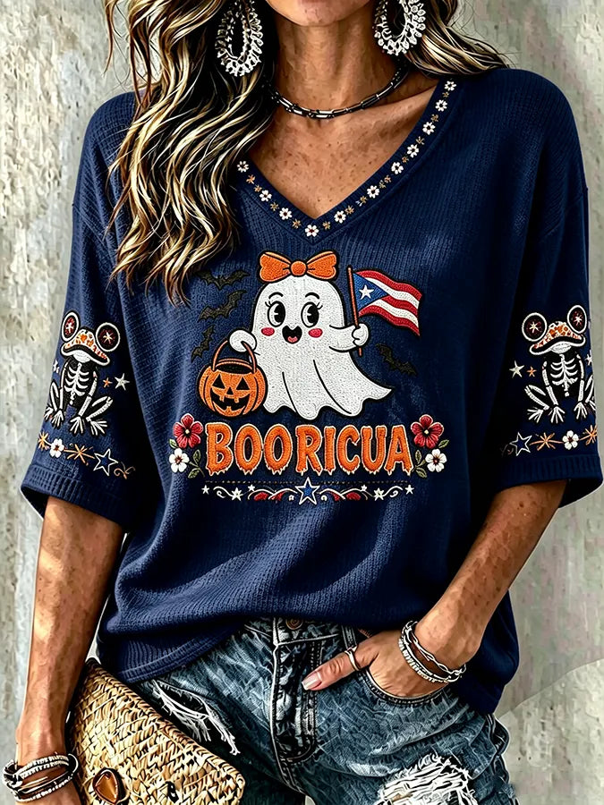 🎃Women's Halloween In Puerto Rico Print Waffle-Knit Top