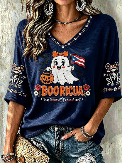 🎃Women's Halloween In Puerto Rico Print Waffle-Knit Top