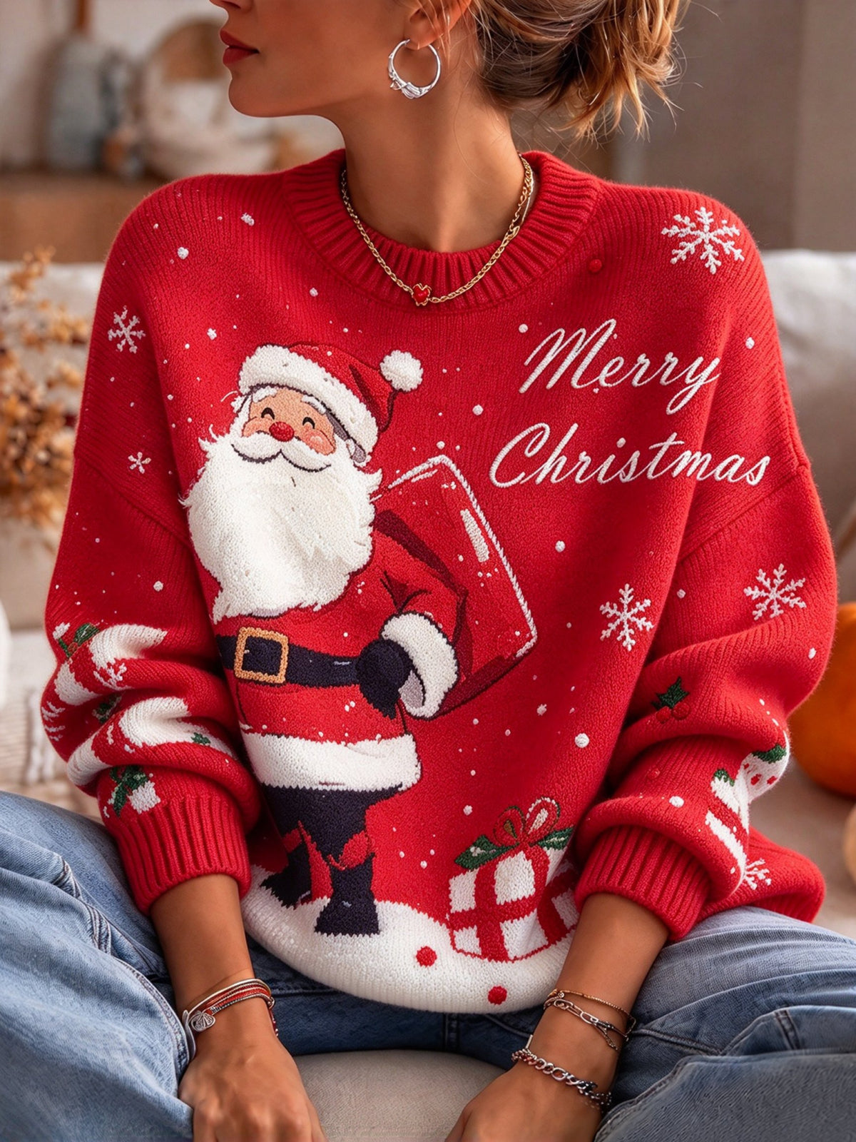 Women's Festive Santa & Reindeer Plush Knit Top