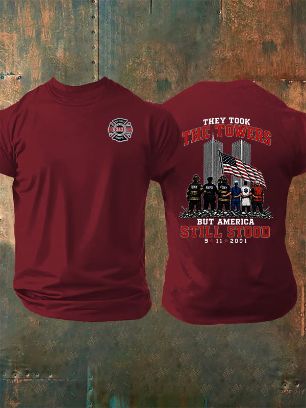 Men's BUT AMERICA STILL STOOD Print Crew-Neck T-Shirt