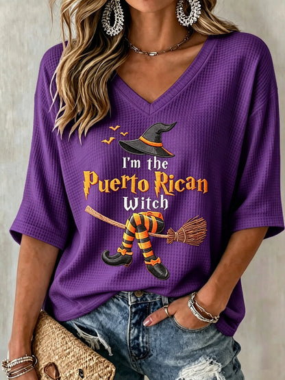 🎃Women's Halloween In Puerto Rico Print Waffle-Knit Top