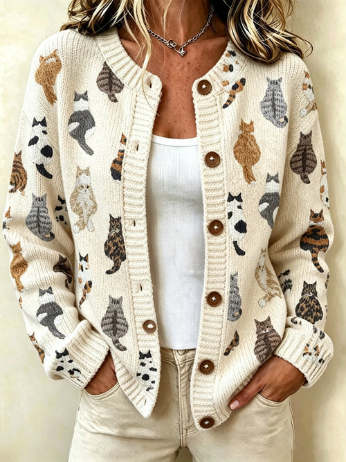 Women's Retro Cat Print Sweater Jacket