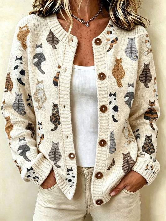Women's Retro Cat Print Sweater Jacket