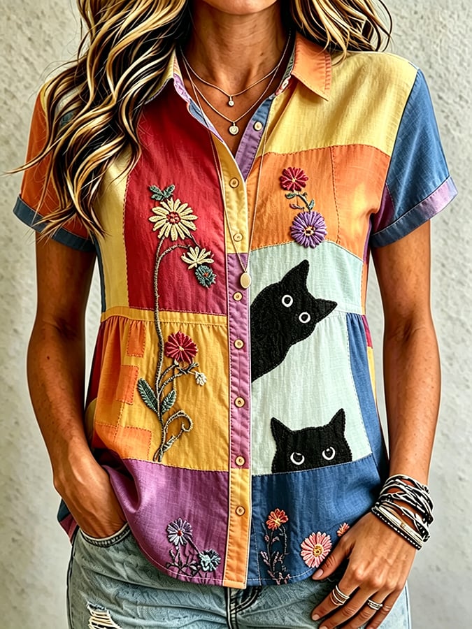 🐾Buy 3 Save 10%🐱Women's Casual Cat Floral Print Shirt💛100% For Shelter Pets🐱🐶