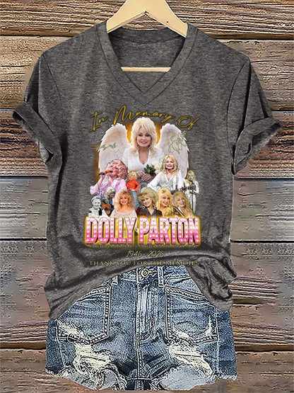 V-Neck Retro Dolly Queen Of Country Print T-Shirt