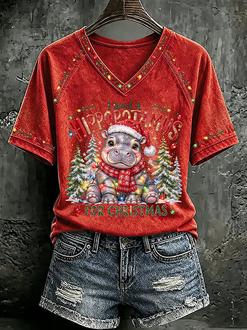 V Neck Retro I Want A Hippopotamus For Christmas Print T-Shirt