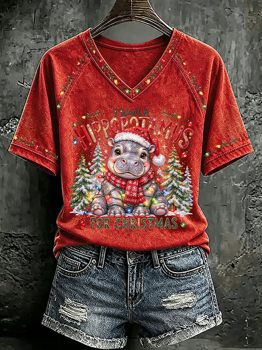 V Neck Retro I Want A Hippopotamus For Christmas Print T-Shirt