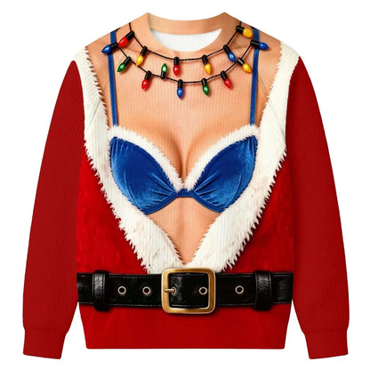Funny Christmas Illusion Sweater for Women – Blue Lingerie & Santa Belt Print