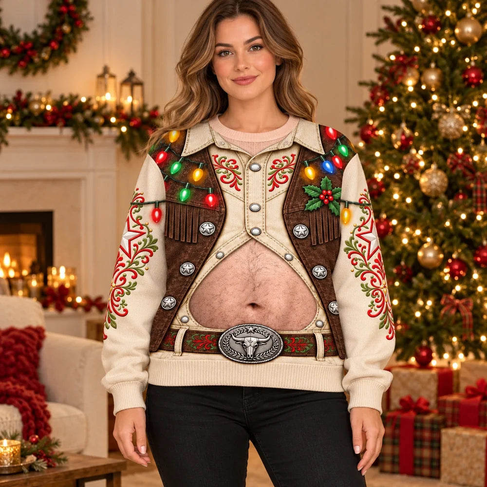 Funny Christmas Cowboy Belly Sweatshirt – Western Holiday Lights Pullover