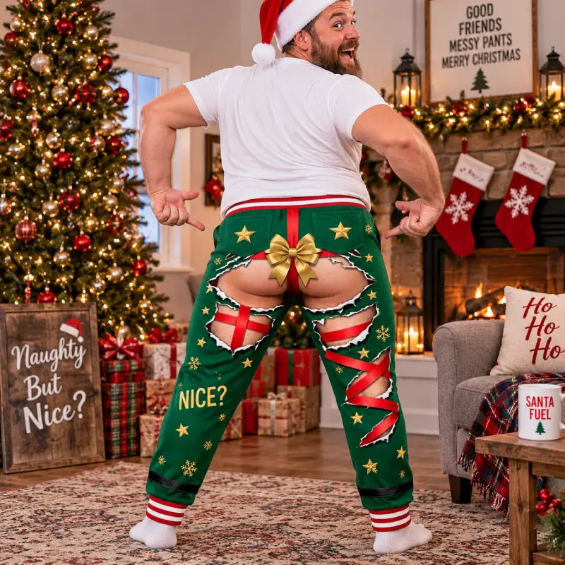 Funny Elf Ripped Illusion Christmas Pajama Pants – Naughty Holiday Lounge Pants