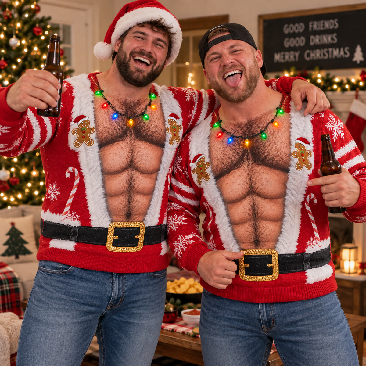 Custom Skin Tone Santa Hairy Chest Ugly Christmas Sweater – Funny Body Illusion Holiday Sweatshirt