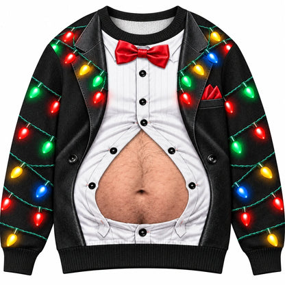 Men’s Funny Christmas Tuxedo Belly Print Sweatshirt – Festive Holiday Party Pullover