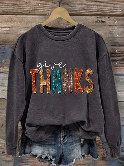 Women'S Casual Give Thanks Printed Long Sleeve Sweatshirt
