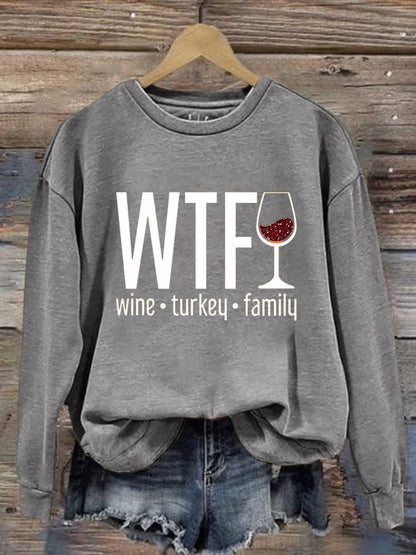 Women's WTF Wine Turkey Family Round Neck Casual Sweatshirt