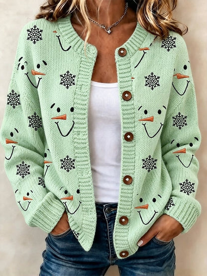 Women's Casual Snowman-Print Knit Cardigan