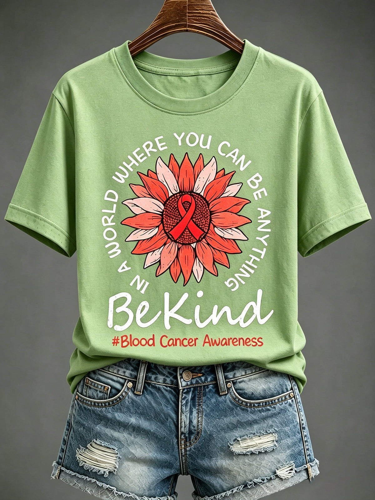 Women'S Blood Cancer Red Ribbon Health Awareness Round Neck T-Shirt