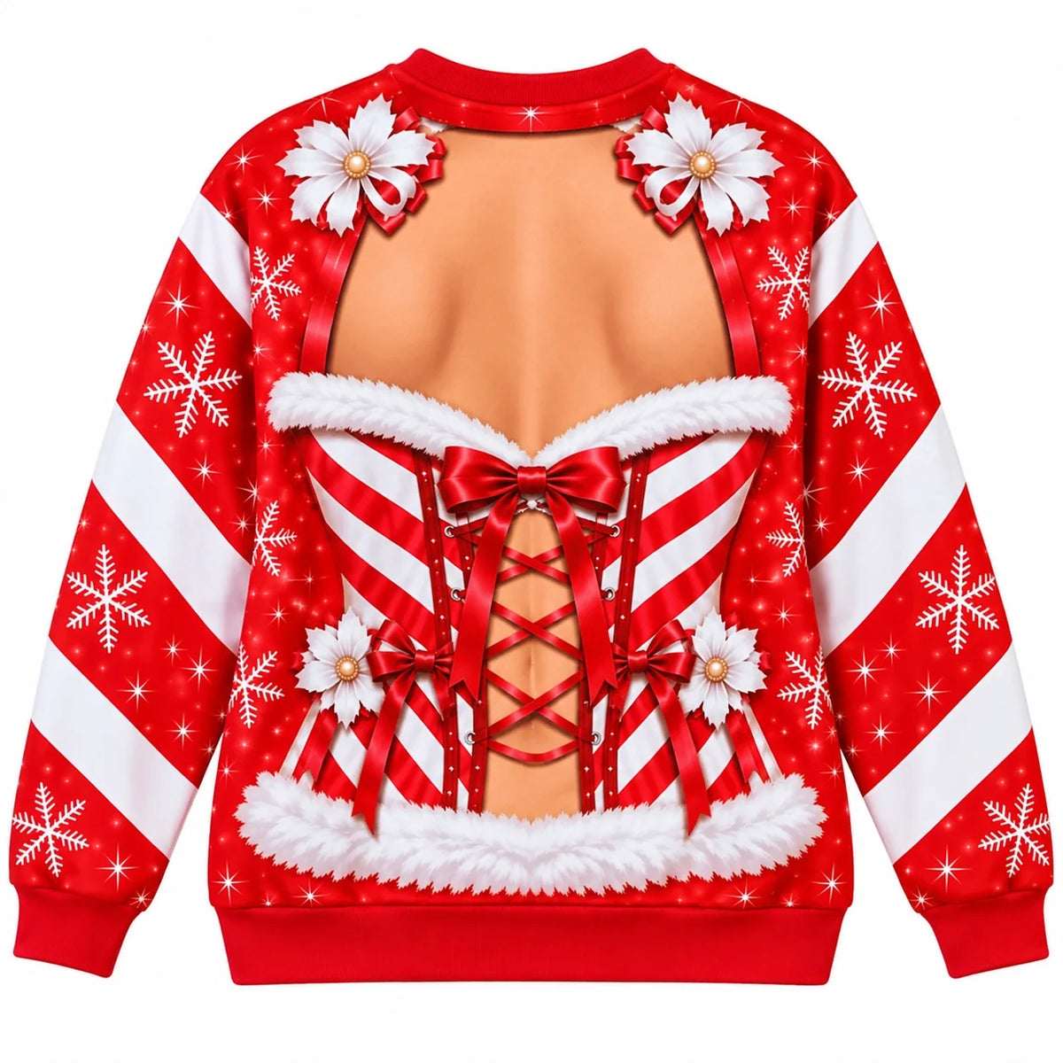 Women’s Funny Christmas Illusion Sweatshirt – Santa Corset Body Digital Print Holiday Crewneck