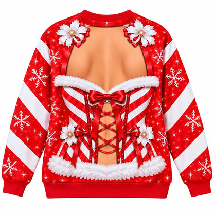 Women’s Funny Christmas Illusion Sweatshirt – Santa Corset Body Digital Print Holiday Crewneck