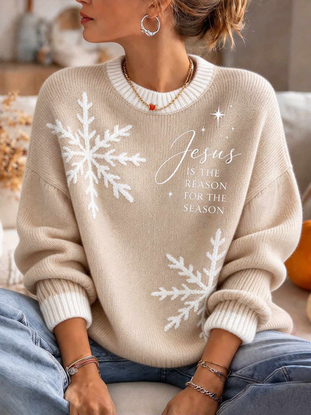 Women's Plush Knit Sweater – Festive Jesus-Themed Design