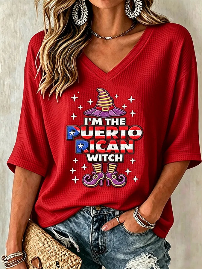 🎃Women's Halloween In Puerto Rico Print Waffle-Knit Top