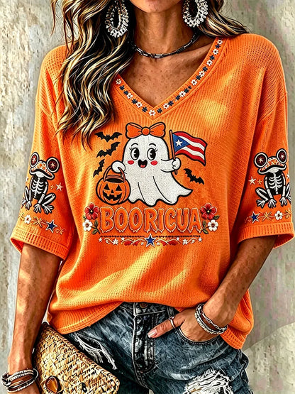 🎃Women's Halloween In Puerto Rico Print Waffle-Knit Top