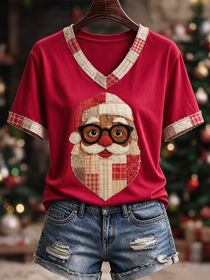 Black Women'S Christmas-Themed Printed Casual T-Shirt