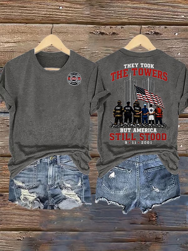Women's BUT AMERICA STILL STOOD Print Crew-Neck T-Shirt