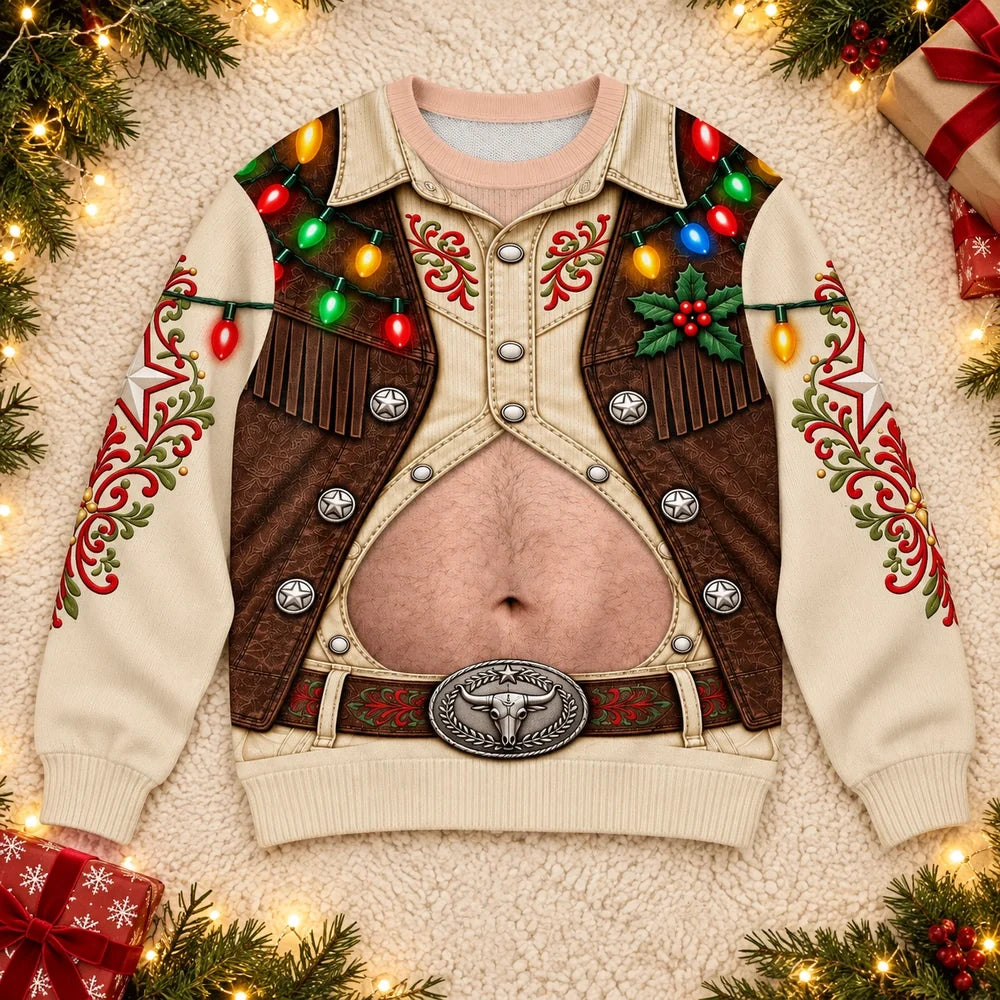 Funny Christmas Cowboy Belly Sweatshirt – Western Holiday Lights Pullover