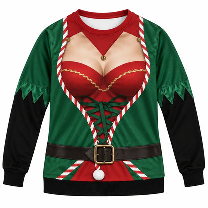 Women's Christmas Elf Print Sweatshirt, Festive Holiday Pullover
