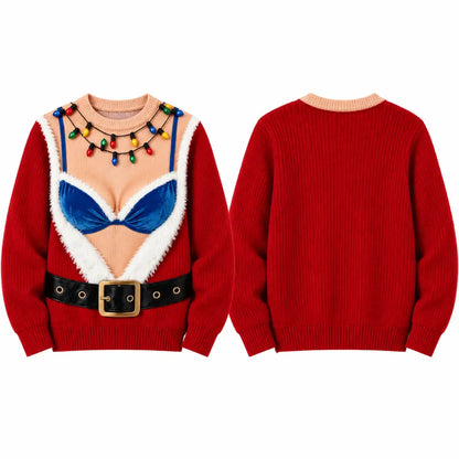 Funny Christmas Illusion Sweater for Women – Blue Lingerie & Santa Belt Print