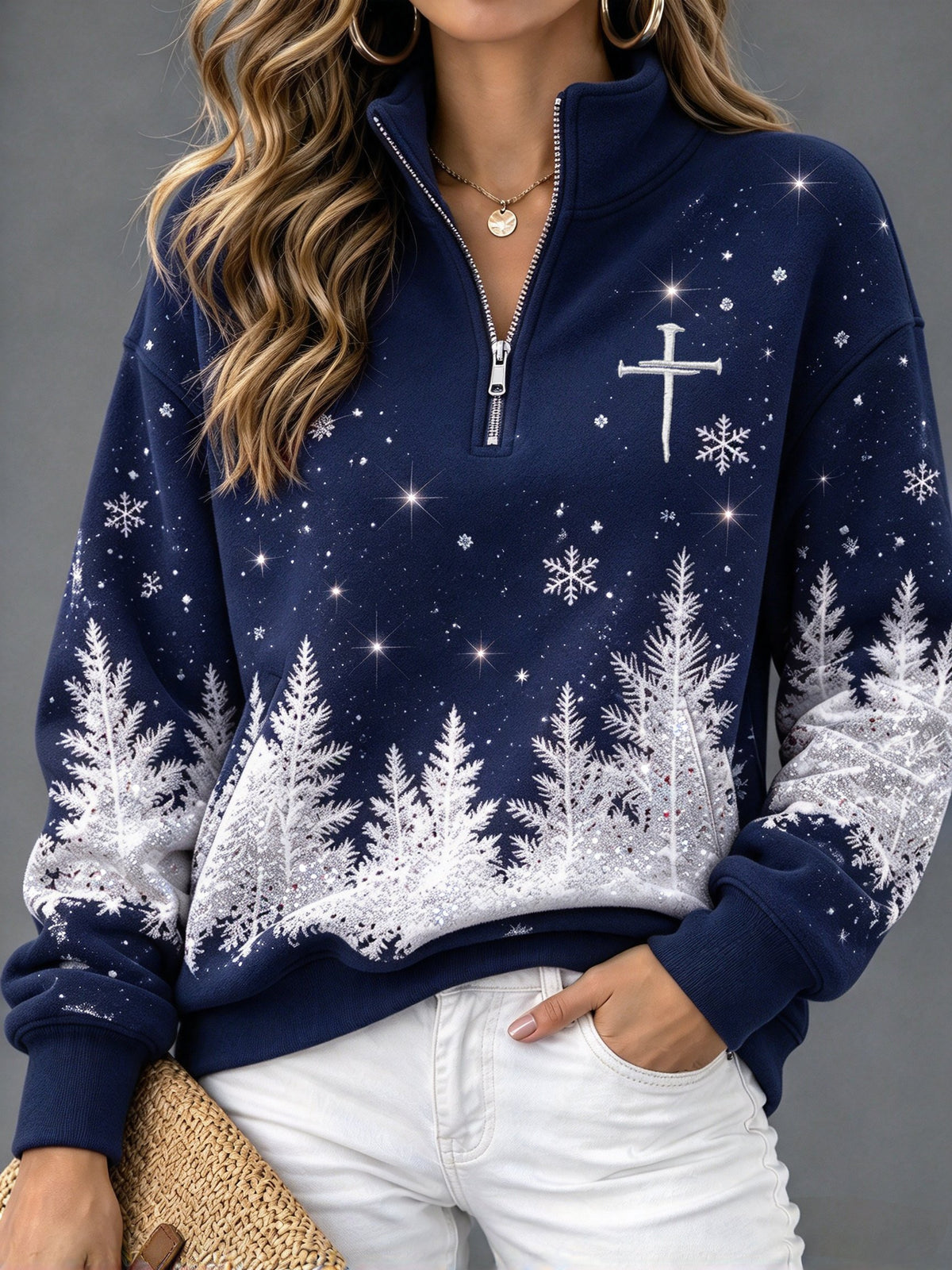 Women's Winter Christmas Snowy Night Faith Zip-Up Hoodie