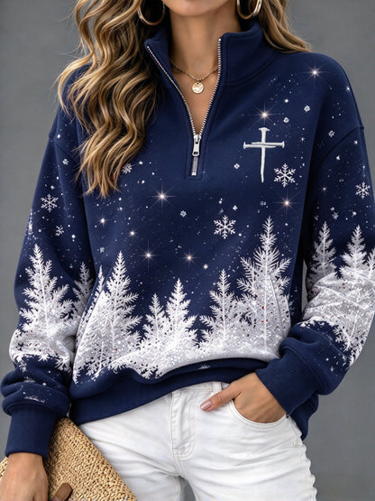 Women's Winter Christmas Snowy Night Faith Zip-Up Hoodie