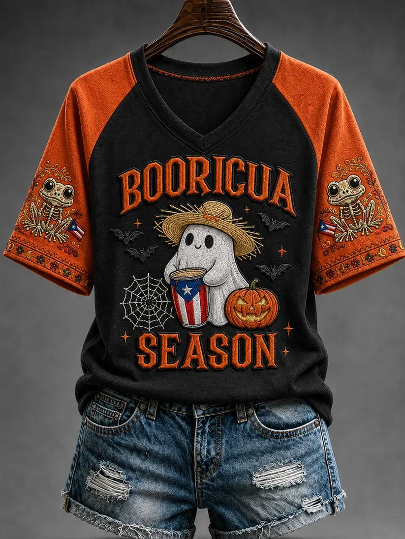 🎃Women's Halloween in Puerto Rico V-neck off-shoulder short-sleeved T-shirt