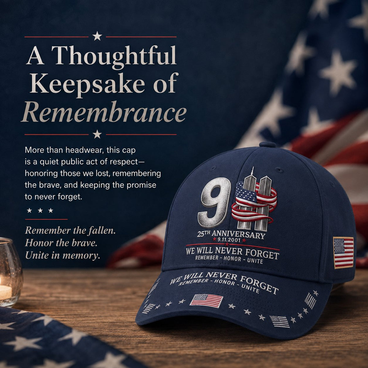 🔥LAST DAY 50% OFF - 9/11 25th Anniversary We Will Never Forget Memorial Baseball Cap – Unisex Patriotic Memorial Hat🧢 100% Cotton