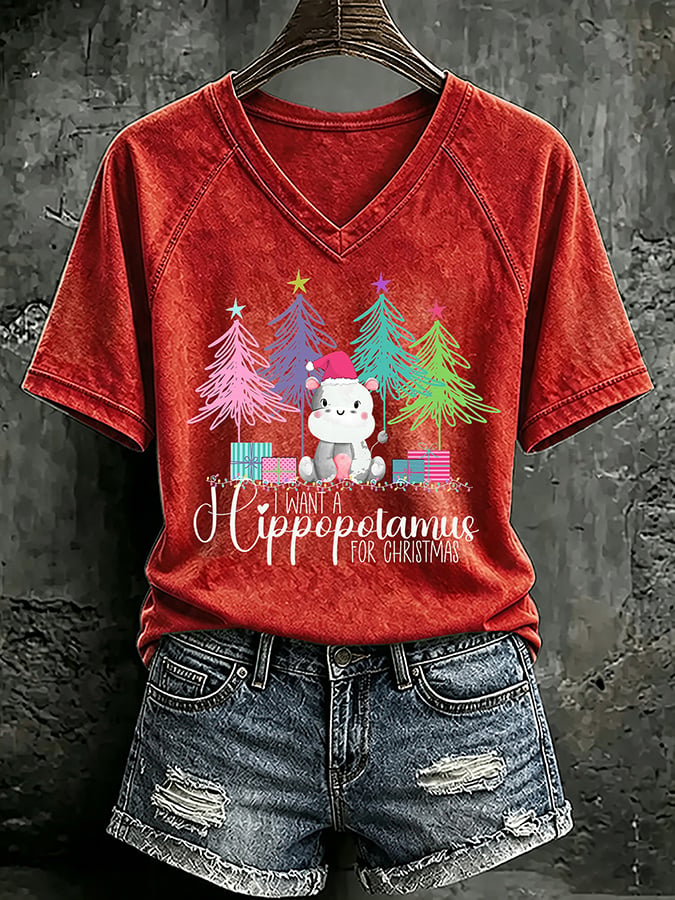 V Neck Retro I Want A Hippopotamus For Christmas Print T-Shirt