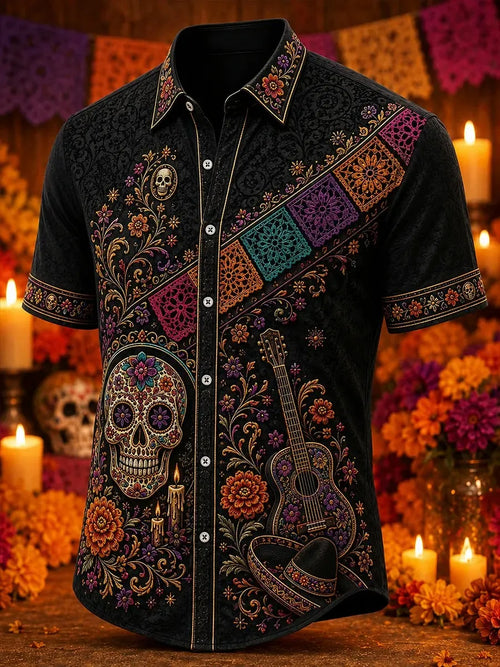 Men's Day Of The Dead Calavera Skull Guitar Colorful Flags Floral Print Short Sleeve Buttons Shirt