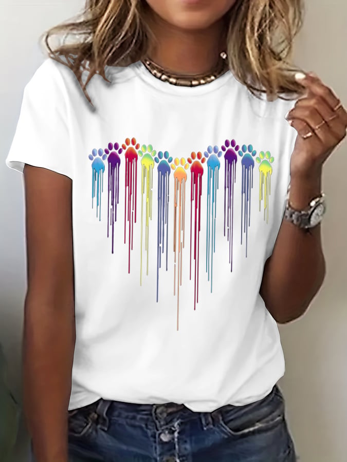 Women's Colorful Dog Heart Paw Print Casual T-shirt