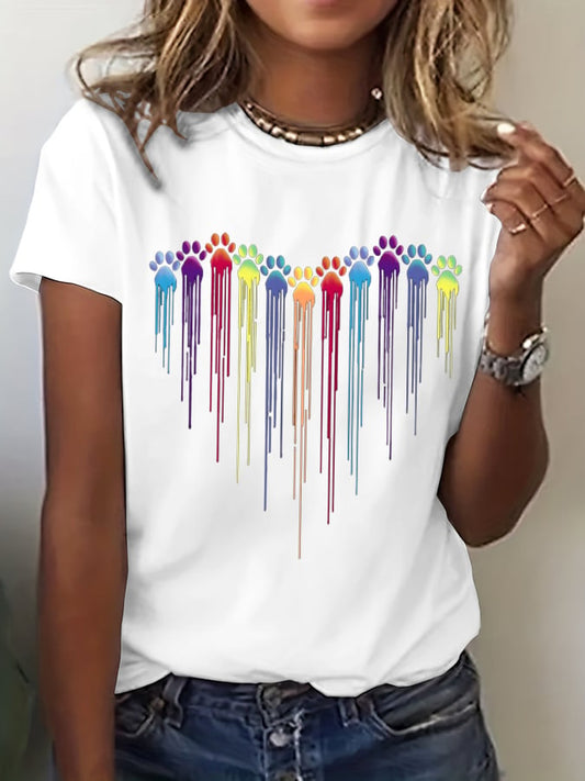 Women's Colorful Dog Heart Paw Print Casual T-shirt