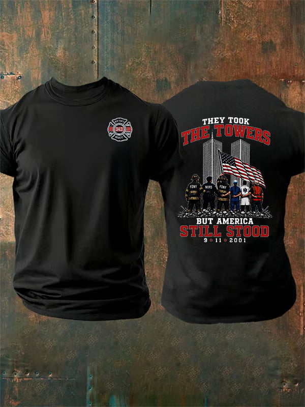 Men's BUT AMERICA STILL STOOD Print Crew-Neck T-Shirt