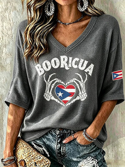 🎃Women's Halloween In Puerto Rico Print Waffle-Knit Top
