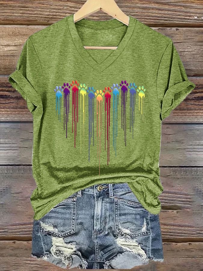Women's Colorful Dog Heart Paw Print Casual T-shirt