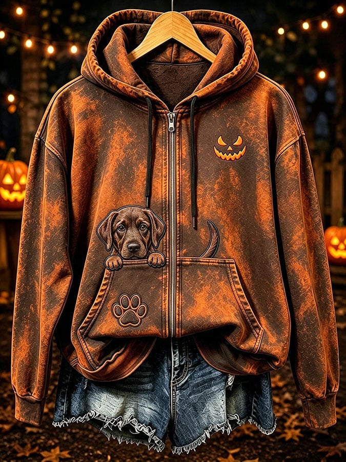 Women's Halloween Cute Dog Pumpkin Face Print Casual Sweatshirt