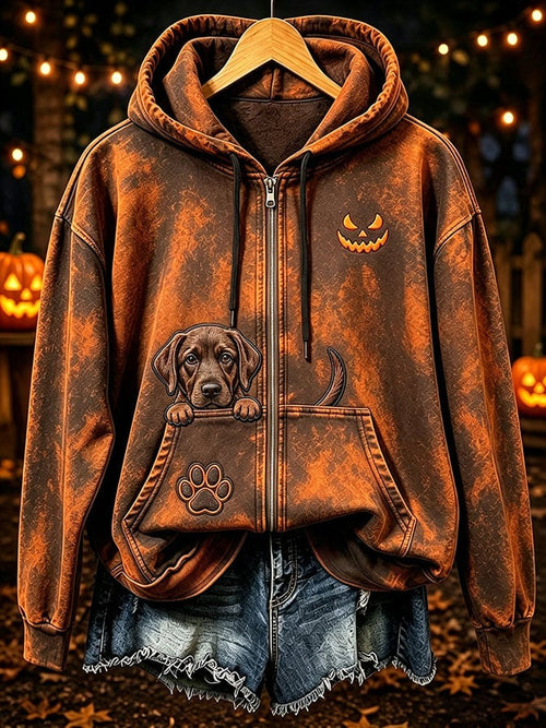 Women's Halloween Cute Dog Pumpkin Face Print Casual Sweatshirt