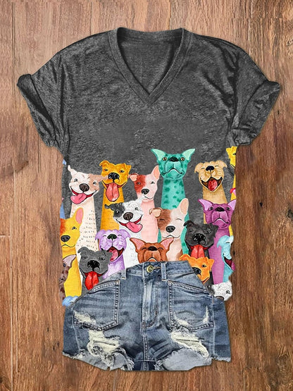 Women's Fun Colorful Dogs Print V-Neck T-Shirt