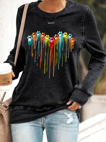 Women's Colorful Love Heart Dog Paw Print Sweatshirt