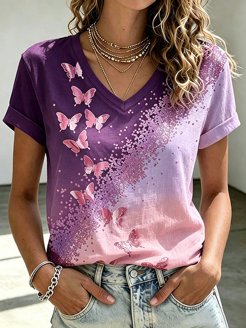 Pink Butterfly V-Neck T-Shirt