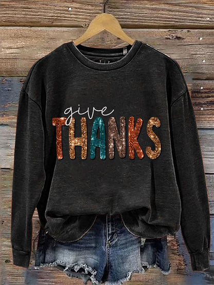 Women'S Casual Give Thanks Printed Long Sleeve Sweatshirt