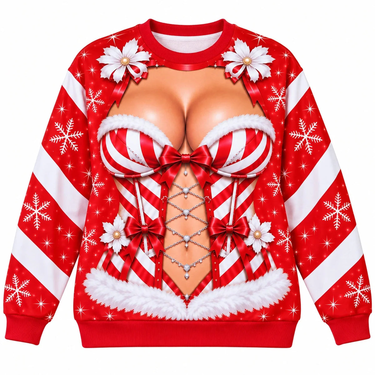 Women’s Funny Christmas Illusion Sweatshirt – Santa Corset Body Digital Print Holiday Crewneck