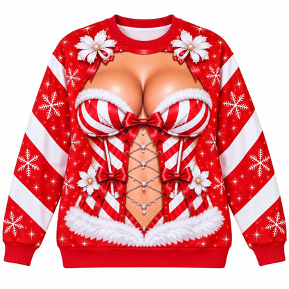Women’s Funny Christmas Illusion Sweatshirt – Santa Corset Body Digital Print Holiday Crewneck