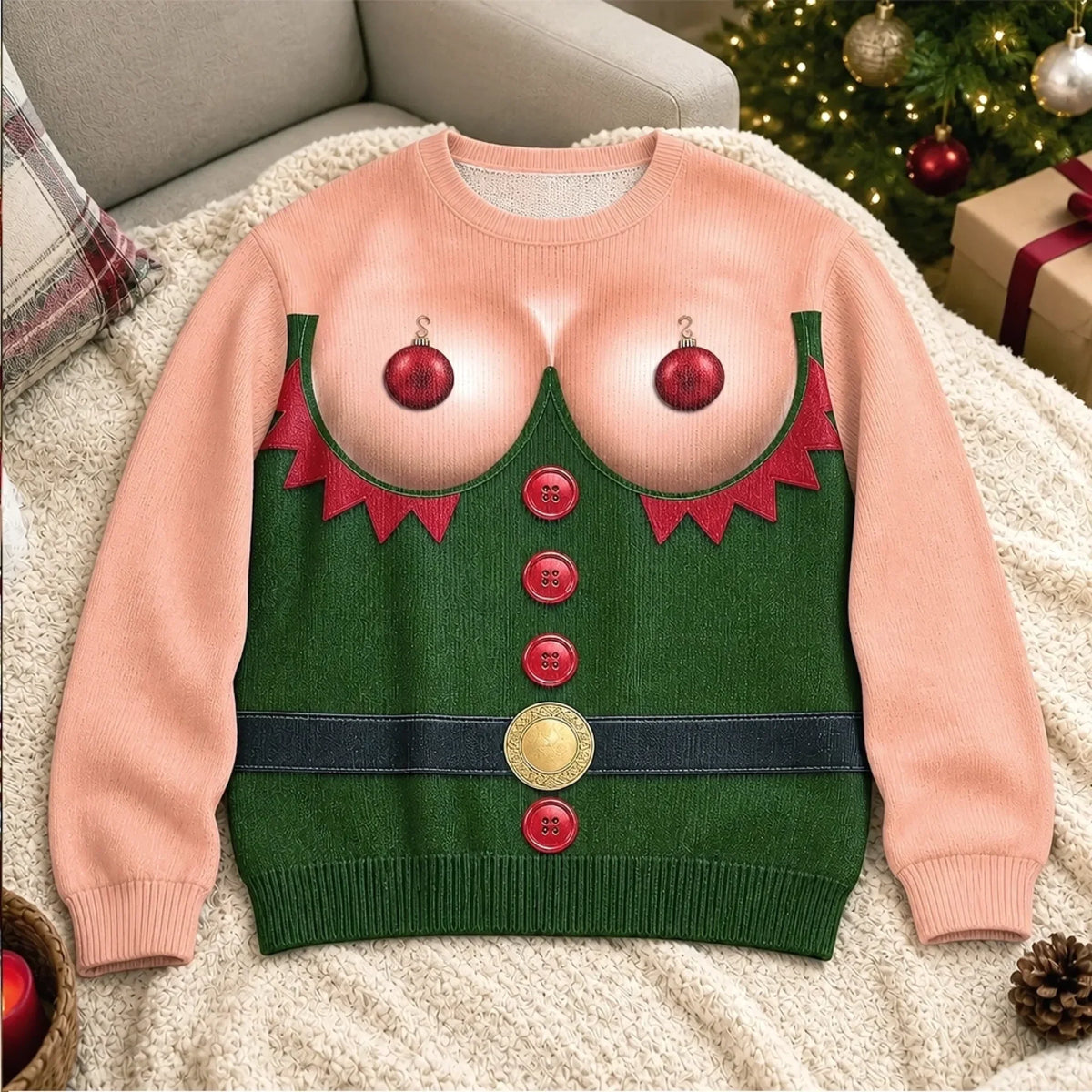 Funny Ornament Bust Elf Print Sweatshirt – Playful Christmas Statement Top